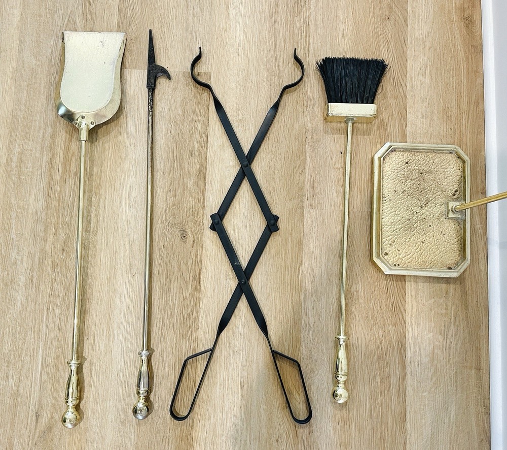 Vintage Brass/Cast Iron Heavy Solid 5-Piece Fireplace Tool & Stand Set