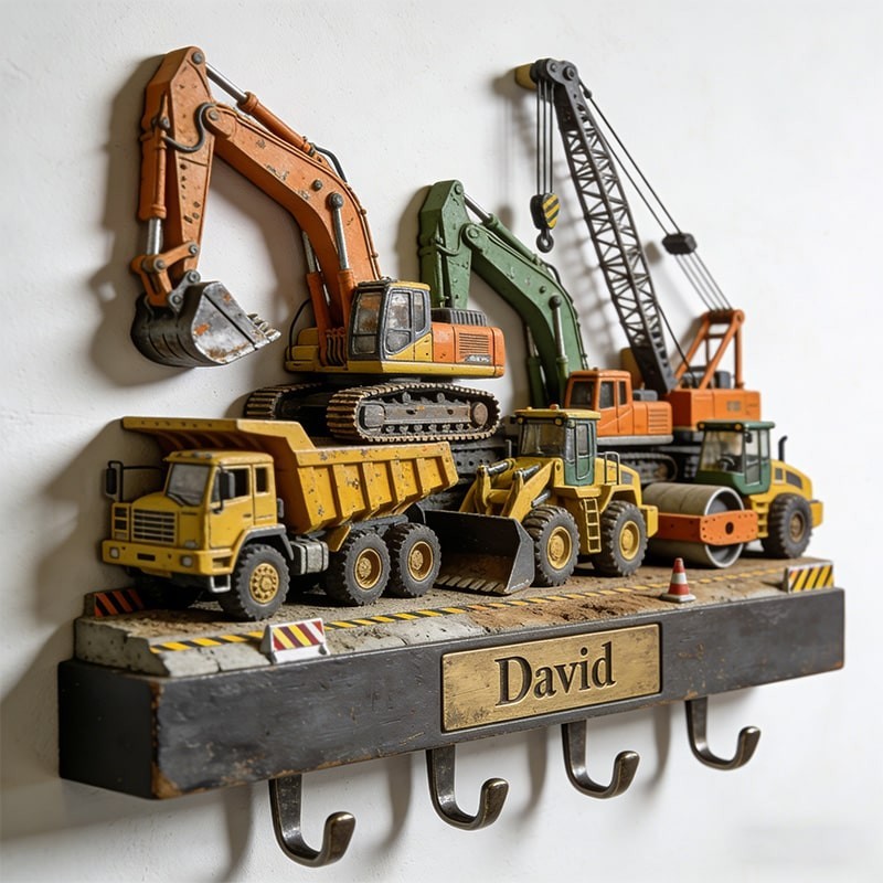 2D Construction Vehicle Key Holder 3D Effect, Custom Name Hook Rack