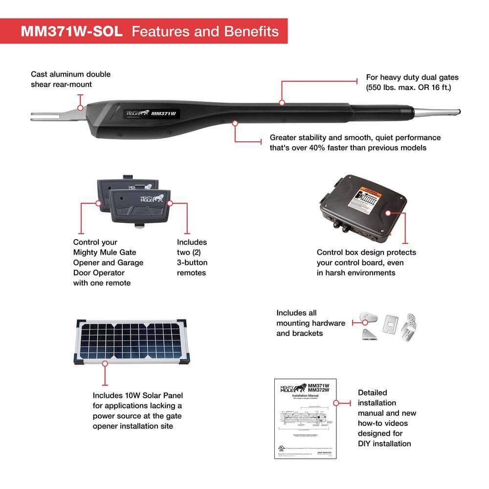 Medium Duty Single Swing Gate Opener Solar Panel Combo Kit Smart Capable