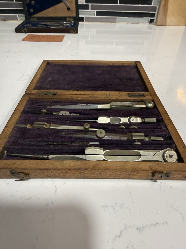 Antique Drafting Compass Set w/ Wood Case Velvet Lined Vintage Engineering Tools