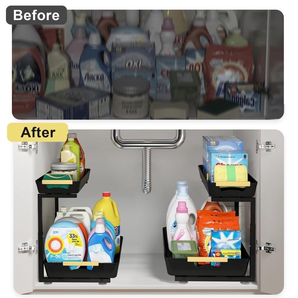 2 Pack Under Sink Organizer,2 Tier Pull Out Adjustable Height Under Cabinet S...