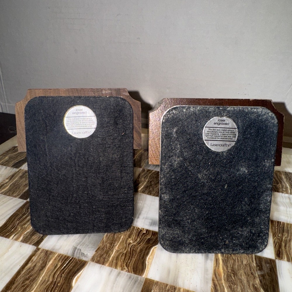 Vintage Solid Walnut Bookends Pine Cedar Tree Laser Craft Engraved 1970s Wood