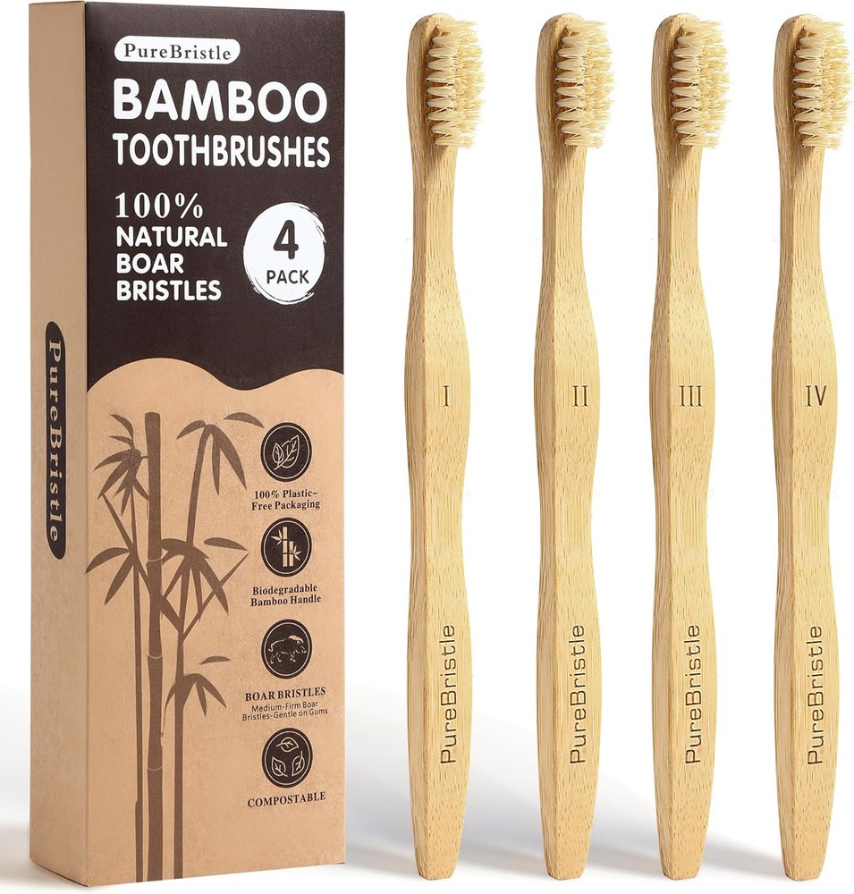 Boar Bristle Bamboo Toothbrushes 4-Pack, 100% Biodegradable Plastic Nylon Free,