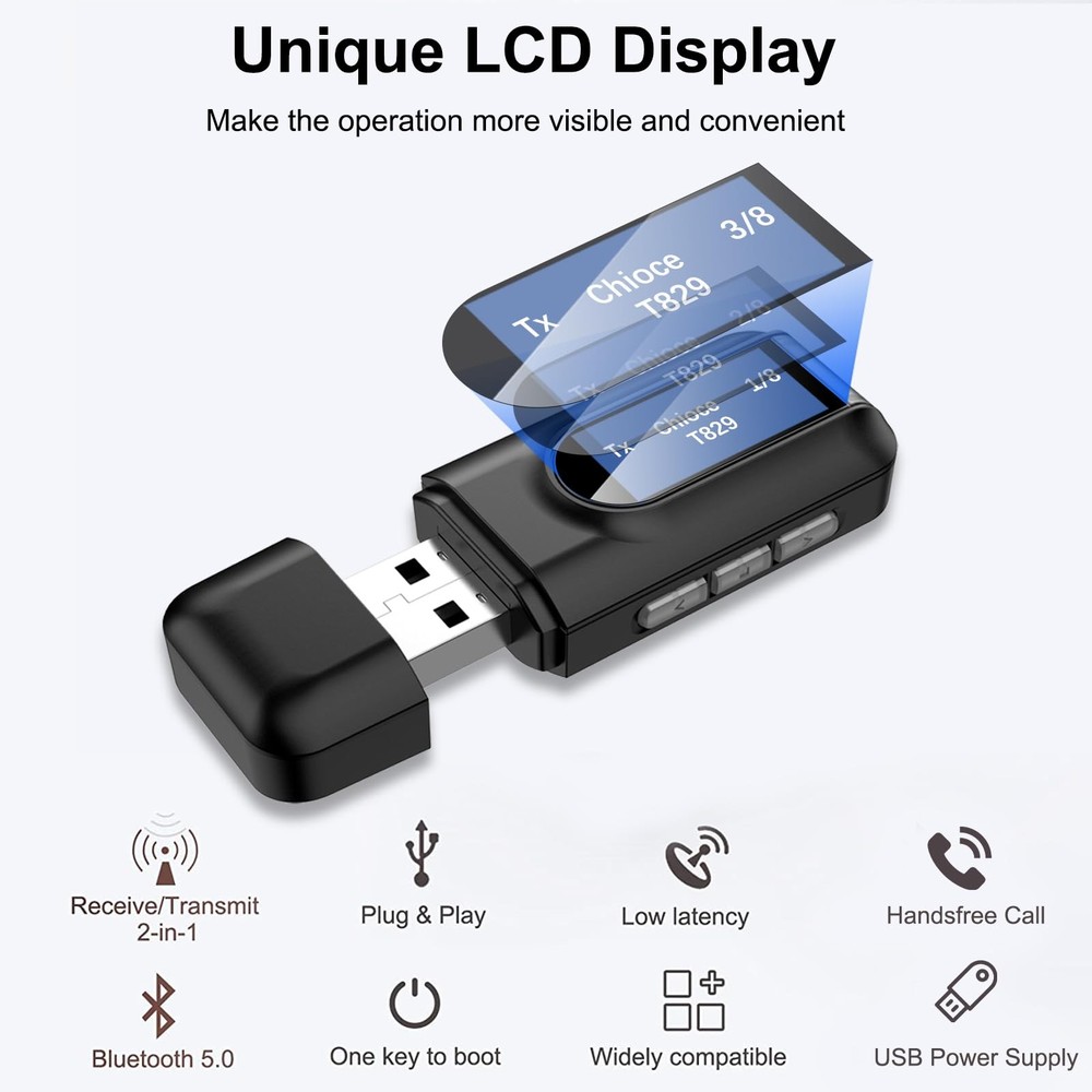 USB Bluetooth 5.0 Transmitter Receiver, Wireless Audio Adapter w/Screen &Micr...