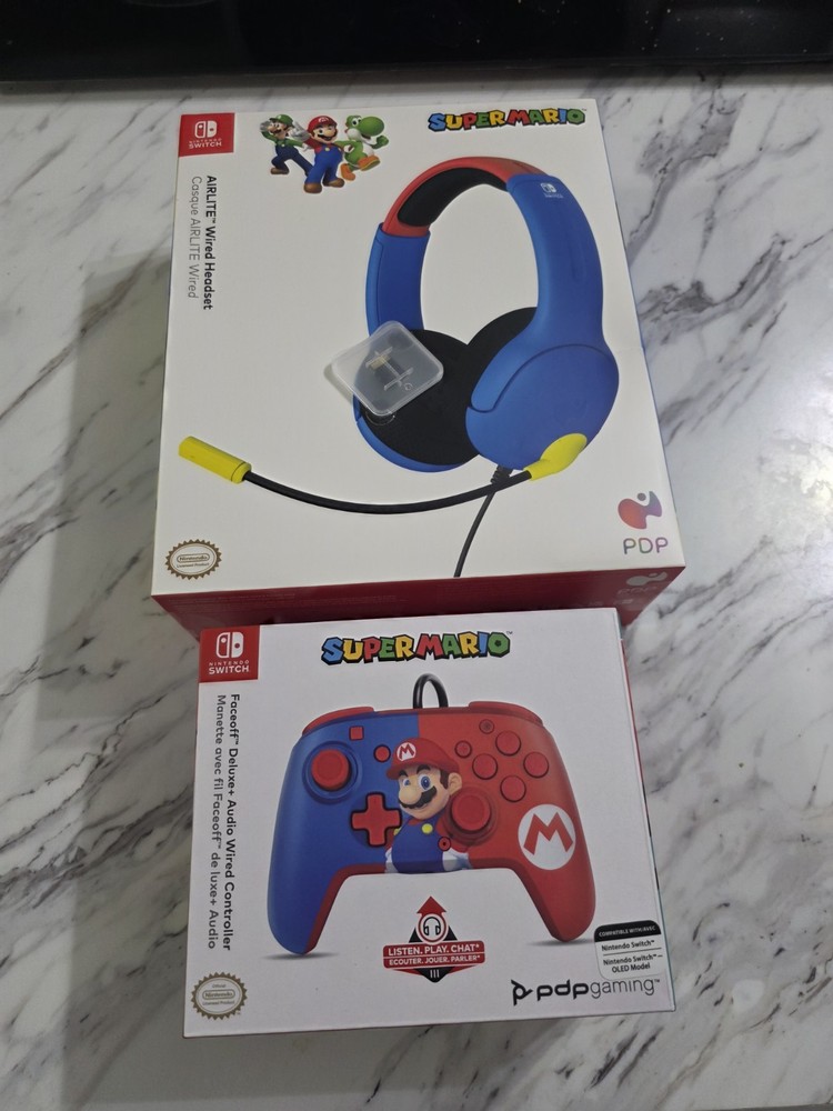 PDP Super Mario Wired AIRLITE Headset & Faceoff Deluxe+ Audio Controller Bundle