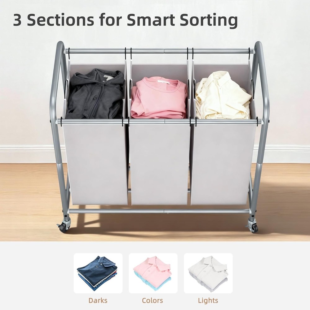 Eco-Friendly 3-Compartment Laundry Organizer with Rolling Wheels - Stylish Gray