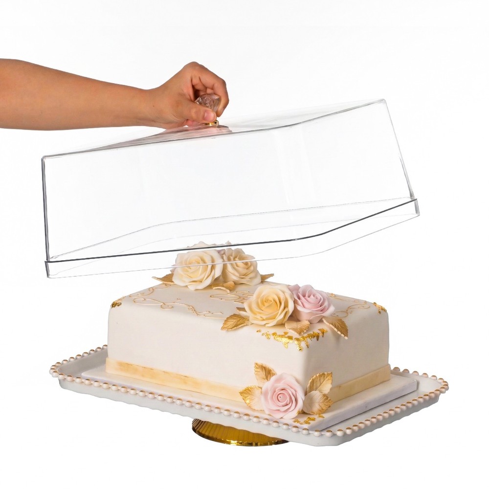 New Basicwise Plastic Cake Stand with Clear Flat-Top Cover and Gold Handles