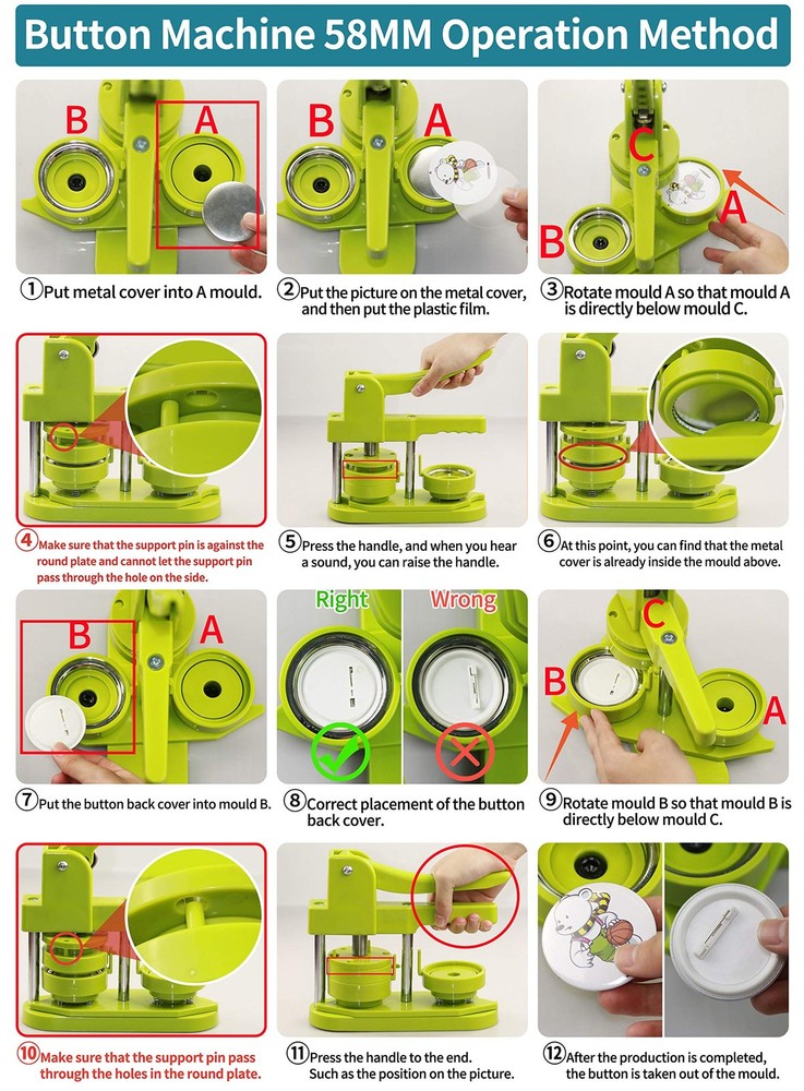 Button Maker Machine 58mm - (3rd Gen) Installation-Free Round - 58 mm, green