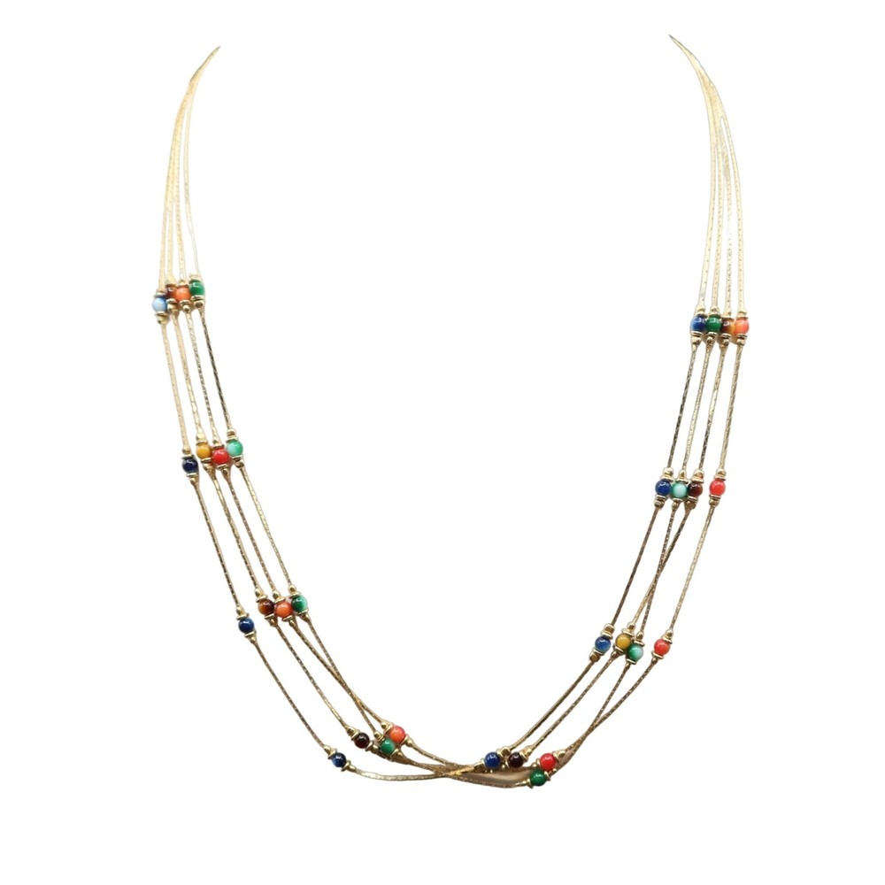UNSIGNED Goldtone Multicolor Beaded 4 Strand Station Necklace