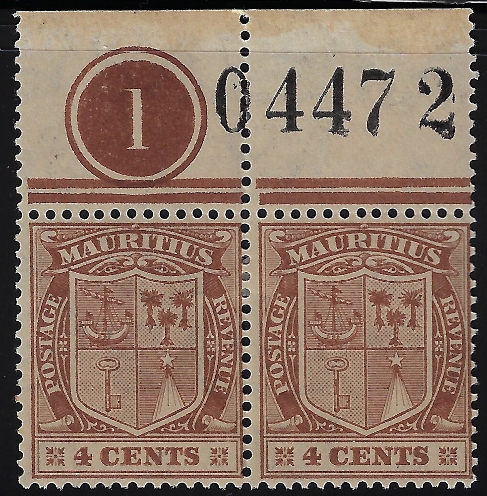 Mauritius Arms 4c control  # + sheet # pair, MNH. Sg211/Sc167. VF.  (c846