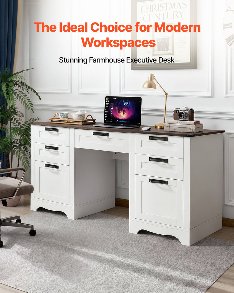 Executive Desk, Farmhouse Office Table with Charging Station, Walnut