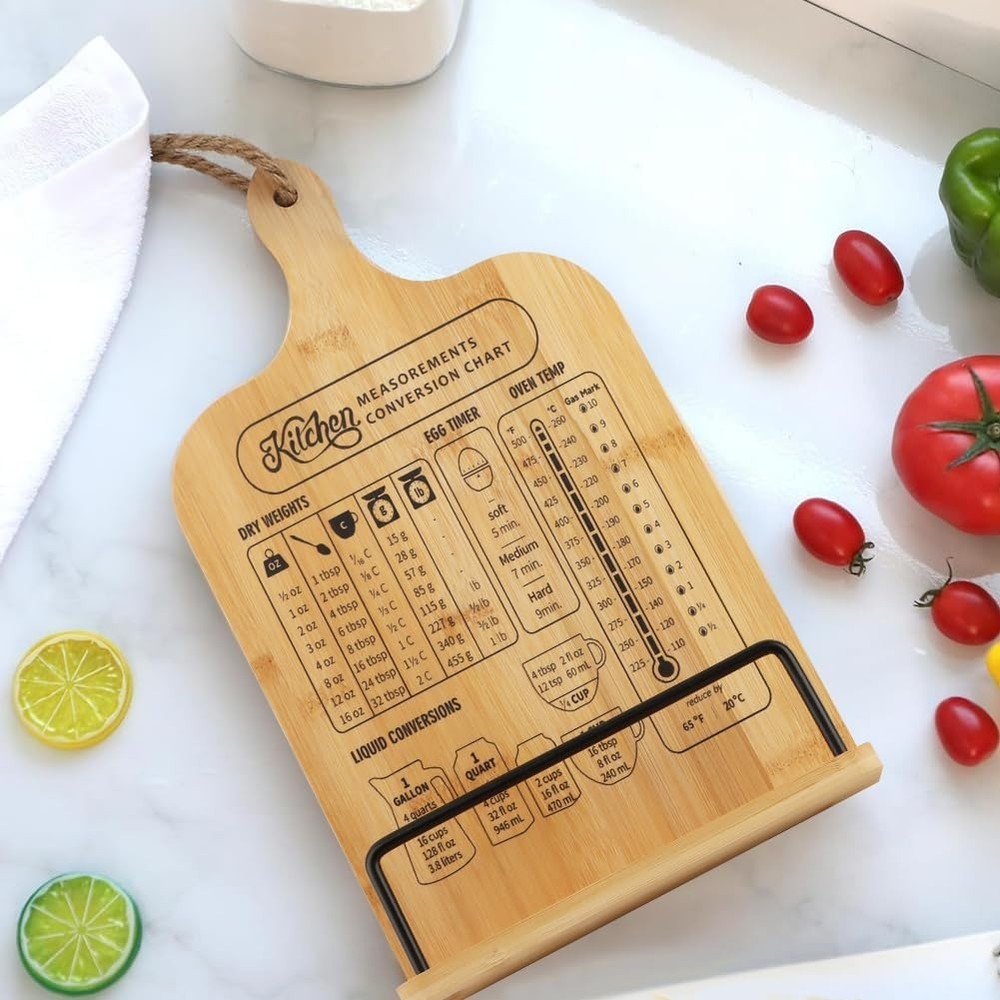 Rustic Wooden Cookbook Stand with Measurement Chart - Space-Saving & Adjustable
