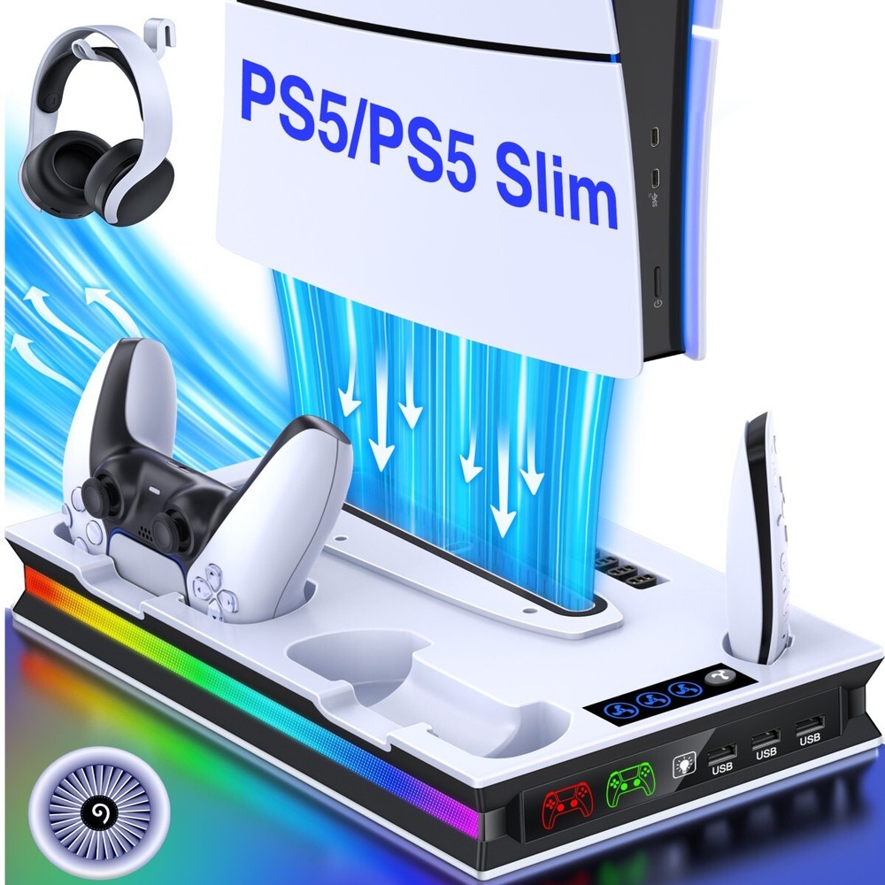 Vertical Stand Cooling Station for PS5 Pro/Slim/PS5,Dual Controller ChargingDock