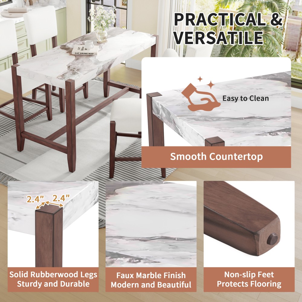 Three-Piece Dining Set Marble-Look Table with 2 Chairs Includes Cushions