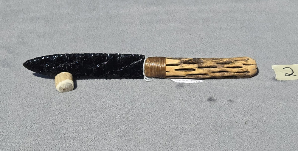 Hand Knapped Black Obsidian Blade Knife With Cholla Handle.