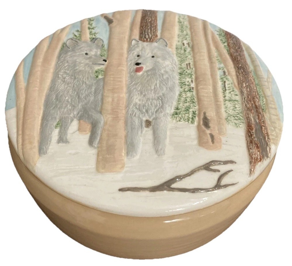 Wolves And Trees Round Ceramic Storage Container Box 7” X 3” Decorative Winter