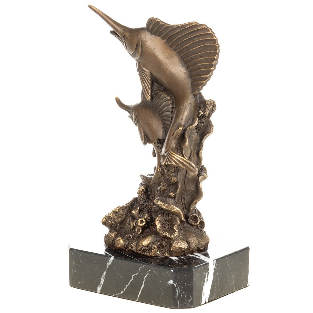 Bronze Sculpture Swordfish on Black Marble Base Signed