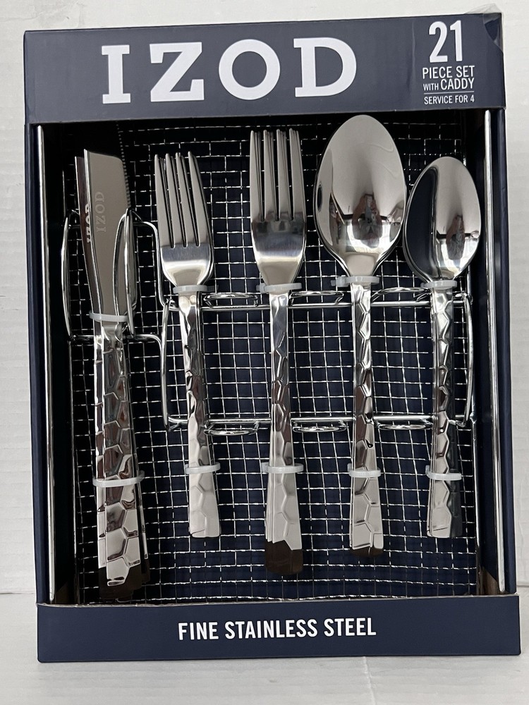 New Flatware Izod w/Caddy Fine Stainless Steel Pattern Handle 21pc Modern Glossy