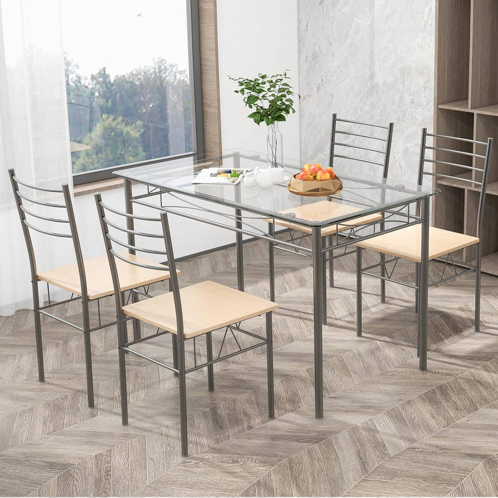Giantex 5 Piece Dining Table Set, Kitchen Dining Set with Tempered Glass Table T
