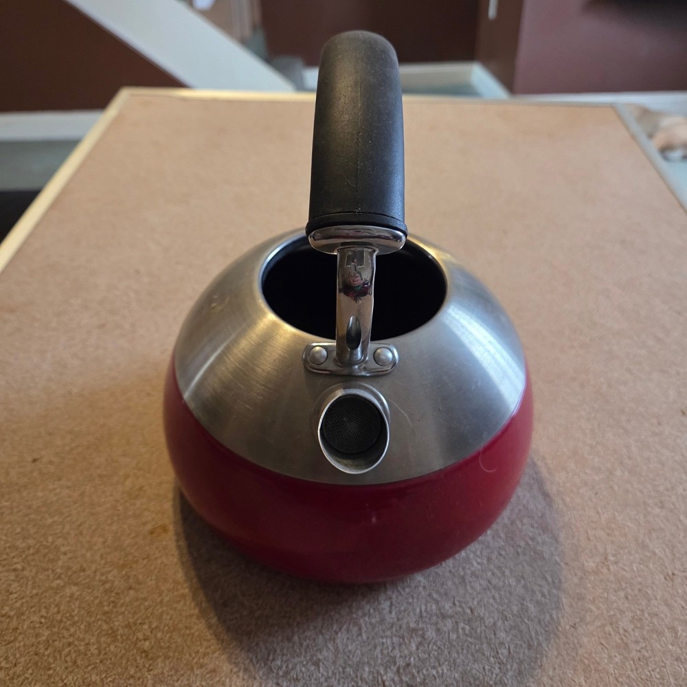 Copco Tea Kettle Stovetop Red Enamel Stainless Steel Round Silver Good Condition
