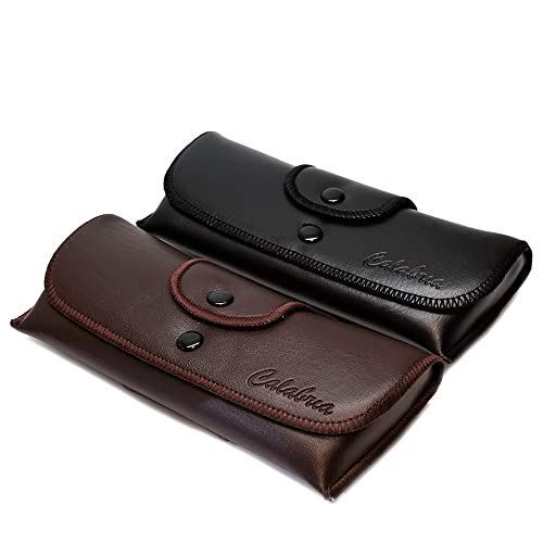 Double Snap Belt Loop Eyeglass Case 2 PACK 1 Black&1 Brown PU Leather&Felt Lined