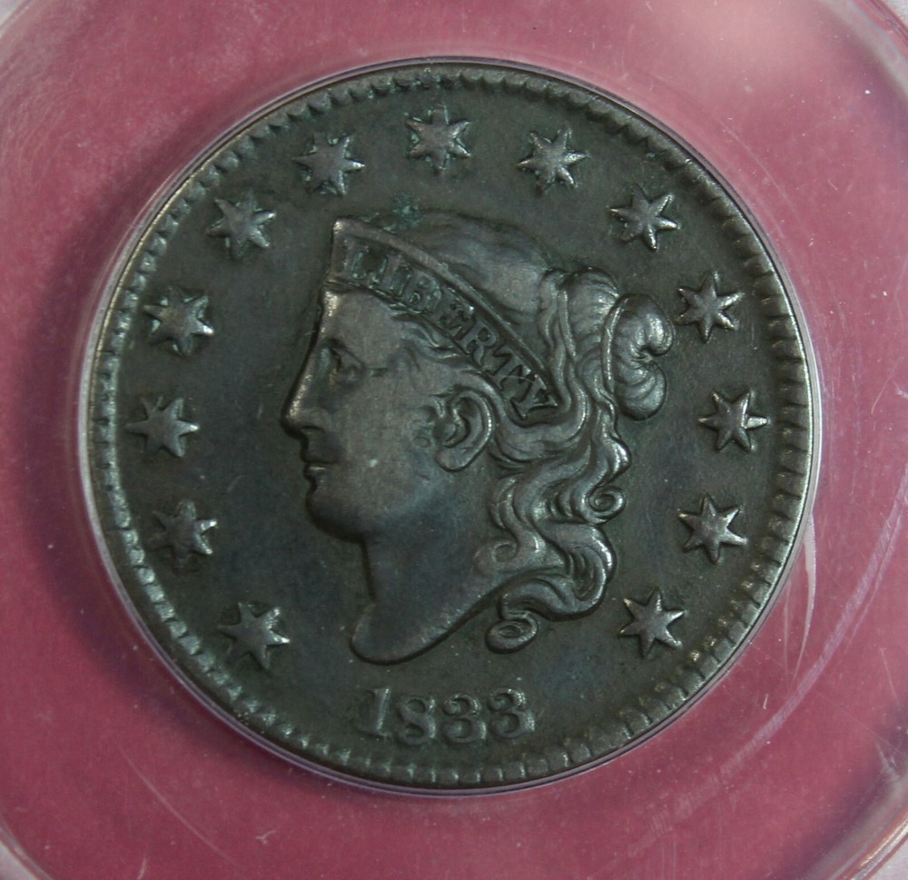 1833 LARGE CENT N-5 ANACS VF25