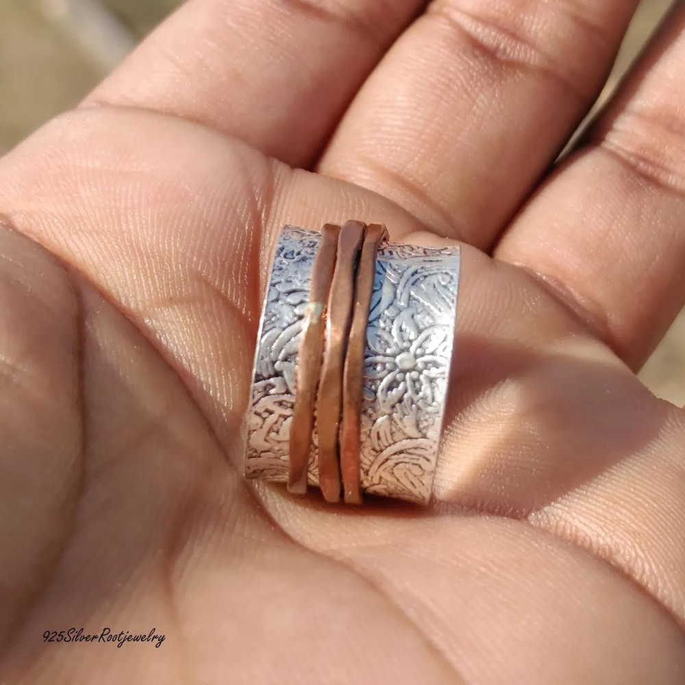 Solid Copper 925 Silver Minimalist Healing Handmade Unisex Spinner Ring