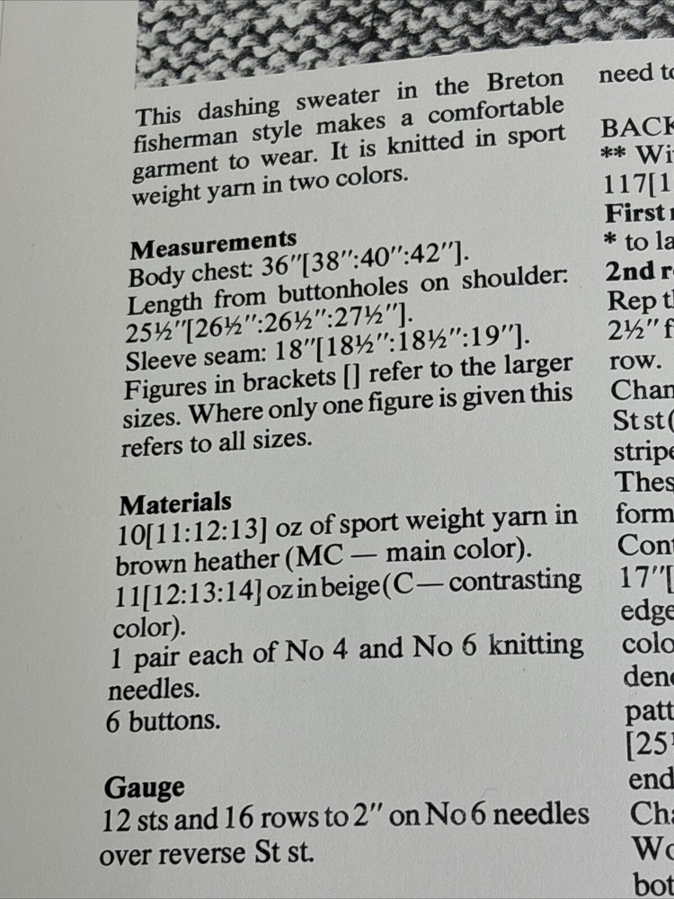 Breton Style Sweater Men's Knitting Pattern Card