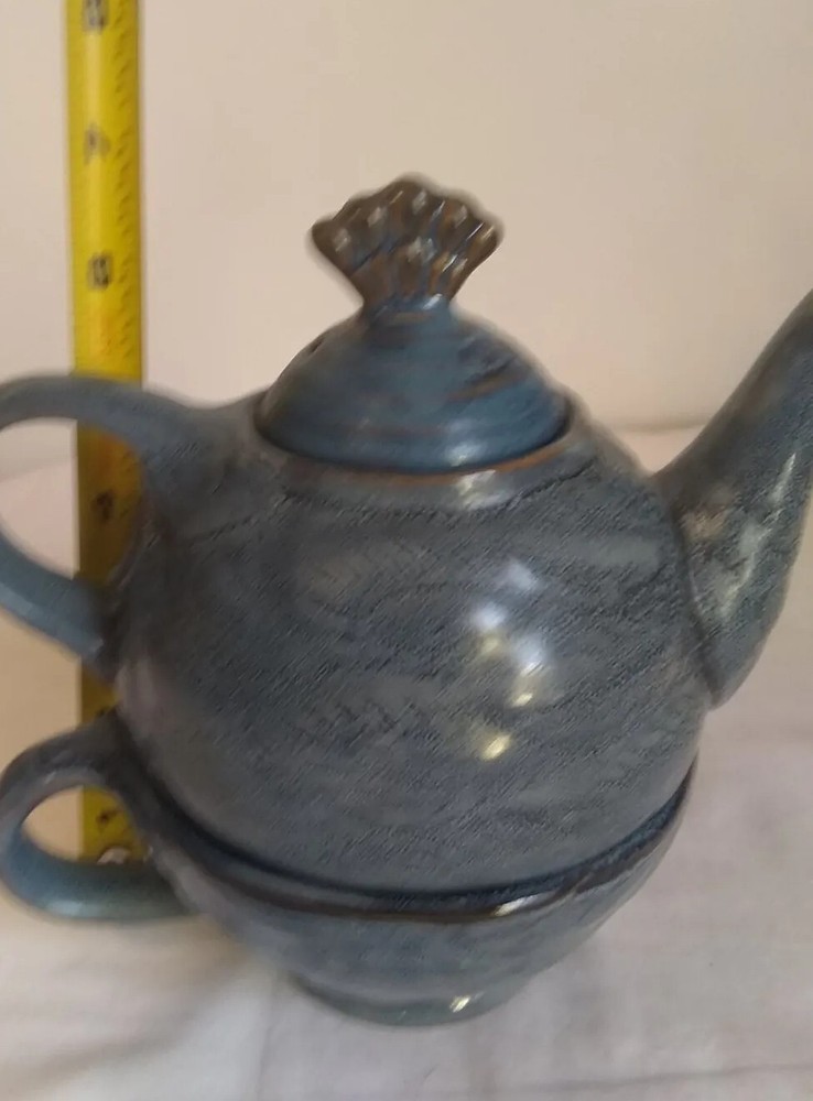 Peacock Tea Set 3 Piece Cup Pot Lid Ceramic Blue Chicken READ