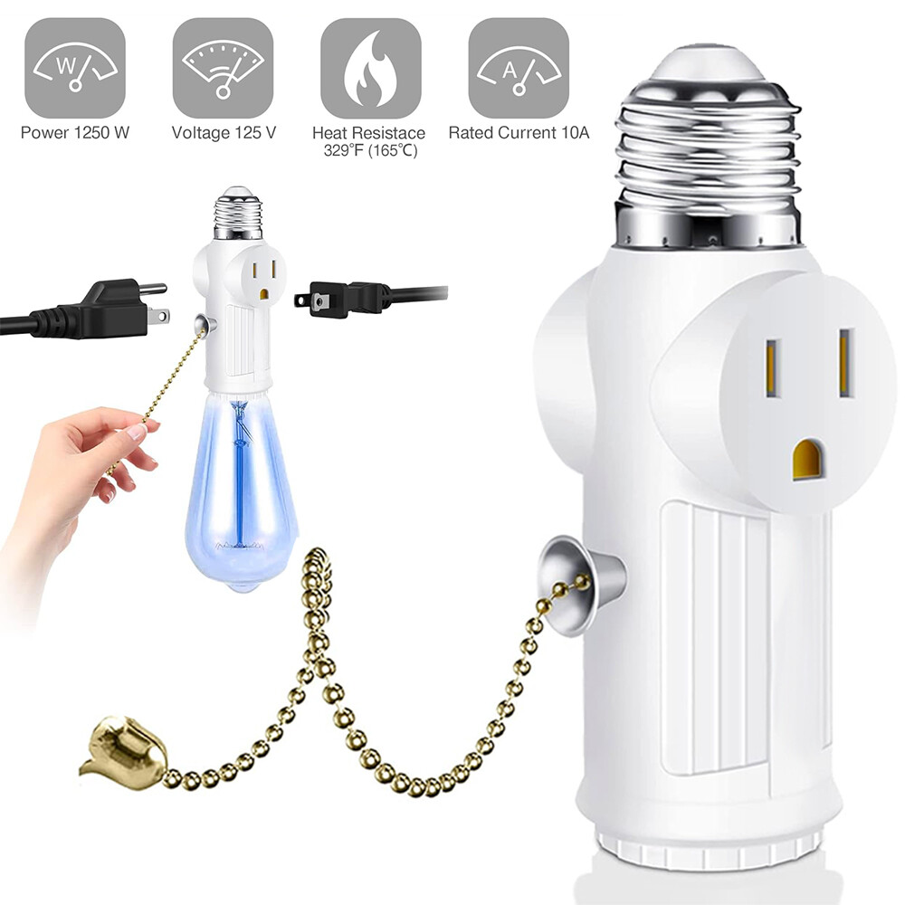 2 Pack E26 Light Bulb Socket Adapter With 2 AC Outlet Plug And Pull Chain Switch