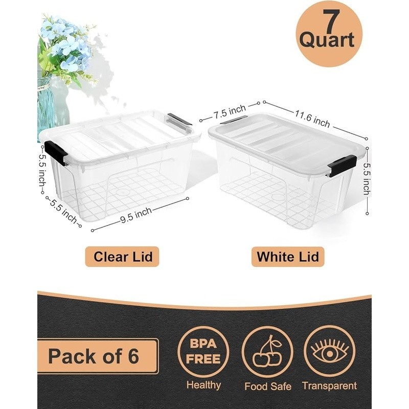 Clear Storage Bins Stackable Plastic Containers W/ Buckle Lids Organizing New
