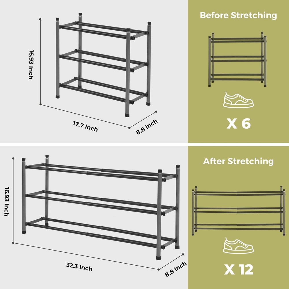 3-Tier Expandable Shoe Rack for Closet & Entryway, Adjustable 18"-33" Stackab...