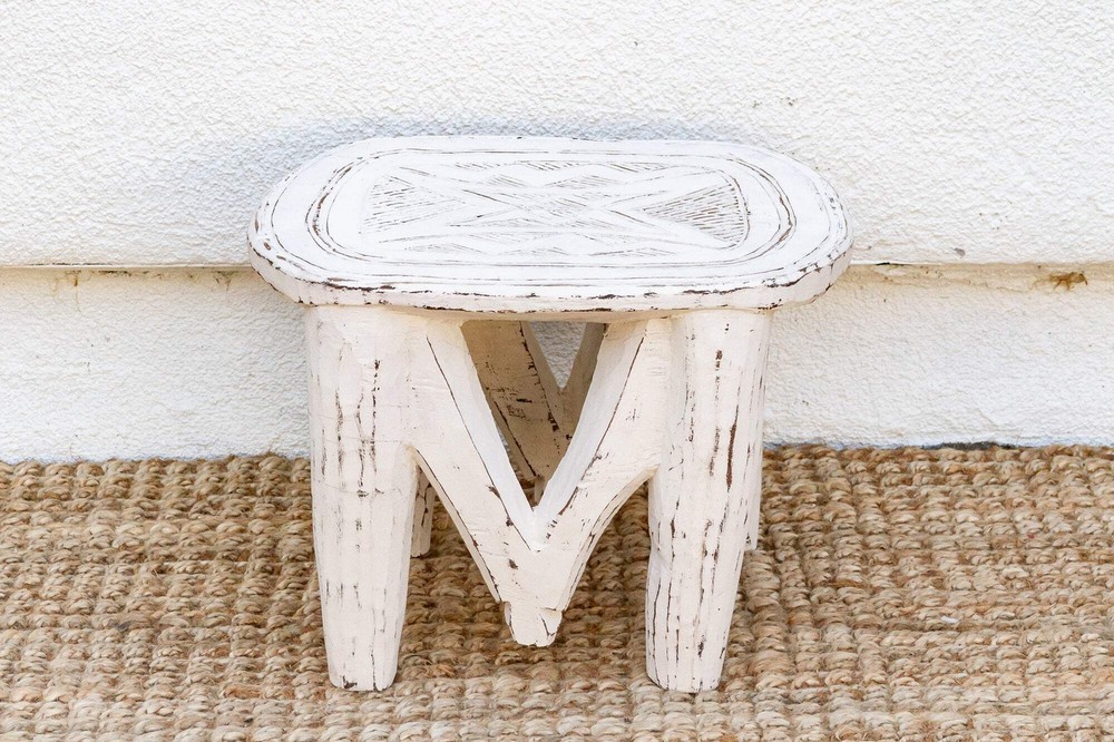Tribal White African Wood Stool