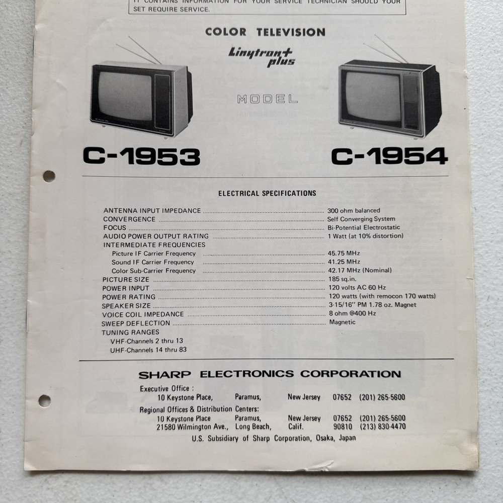 Sharp Electronics Color Television Models C-1953 & C-1954 Service Information