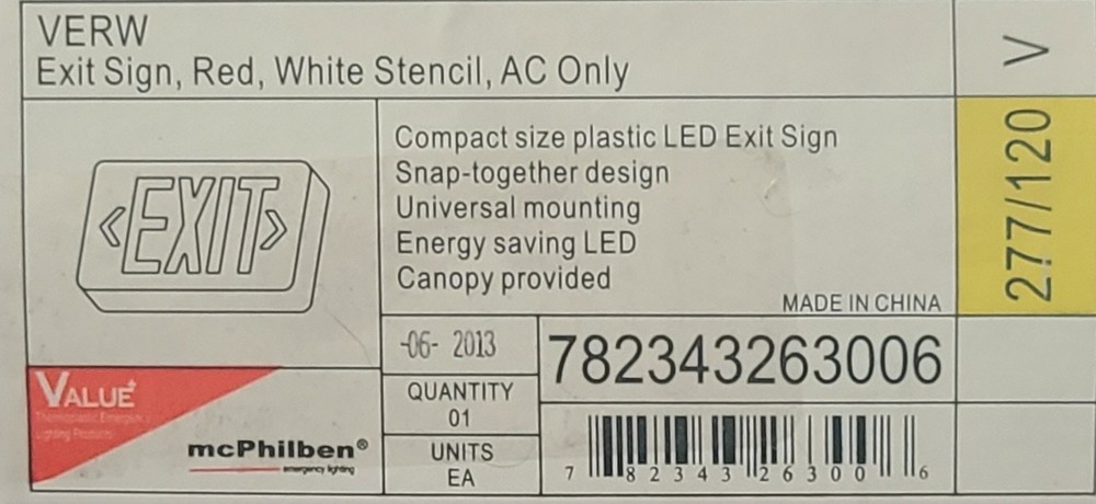 PHILIPS CHLORIDE Value+ mcPhilben, VERW RED LED EXIT SIGN AC ONLY 277/120V
