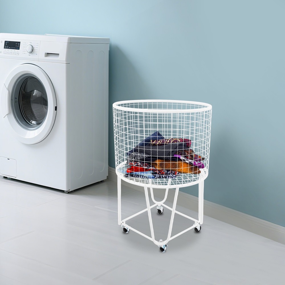 White Laundry Basket Storage Cart Round Rolling Laundry Hamper with 4 Wheels US