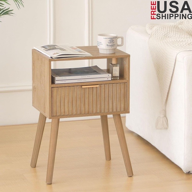 Fluted Nightstand Mid-Century Modern Bedside Table W/ Drawer & Open Storage New