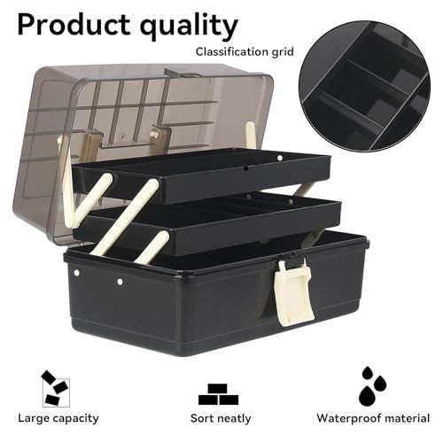 13-Inch Art Storage Box 3-Layers Plastic Storage Box with Handle Craft BLACK