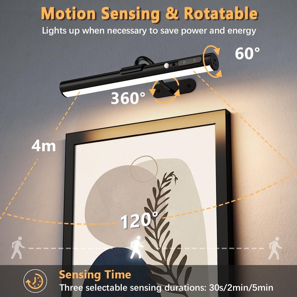 Motion Sensor Battery Operated Picture Light, Wireless Rechargeable Black