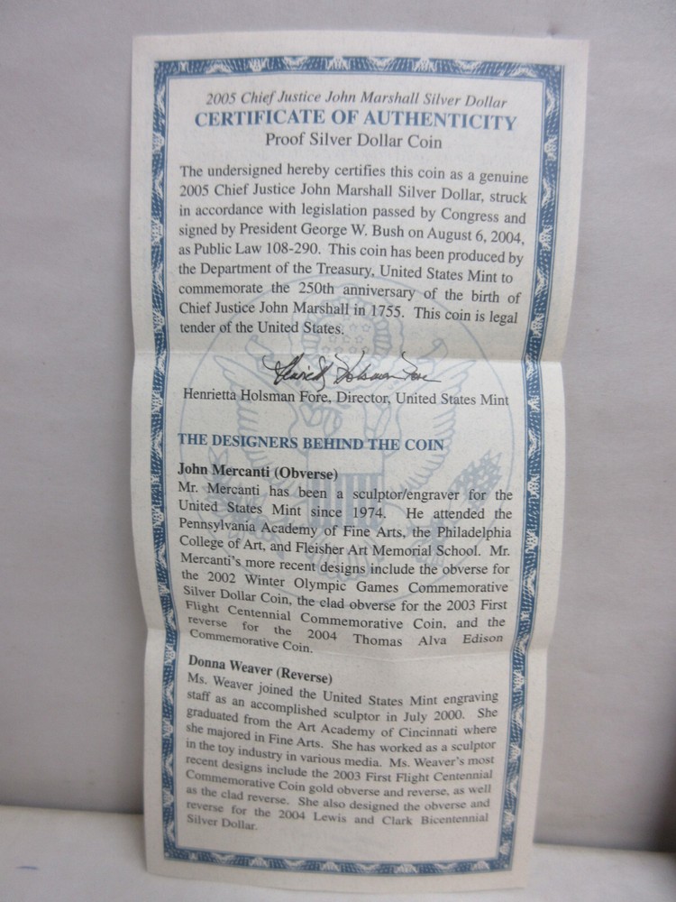 EMPTY BOX & COA for 2005 Chief Justice Marshall US Mint Proof Silver Dollar