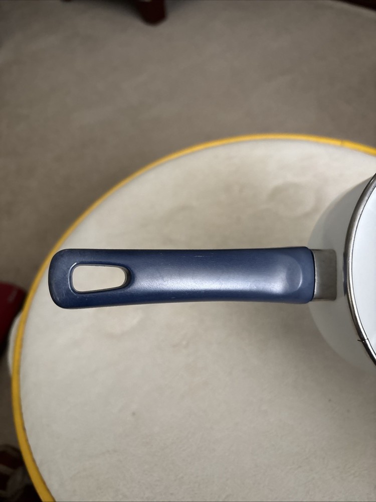 Vintage White Enamel Saucepan With Blue Handle