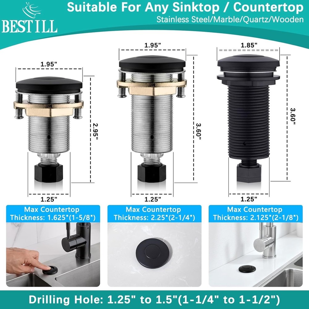Garbage Disposal Air Switch Kit, Listed Brass Button, Matte Black, 2.5 HP Ma...