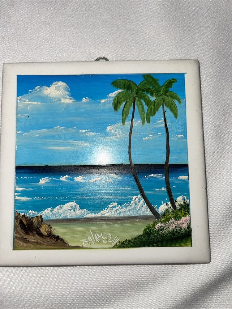 Hand Painted Beach Scene Tile 4.5”x4.5”
