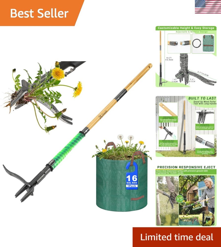 Complete Weeding Kit: Heavy-Duty Bamboo Puller & 16-Gallon Leaf Collection Bag