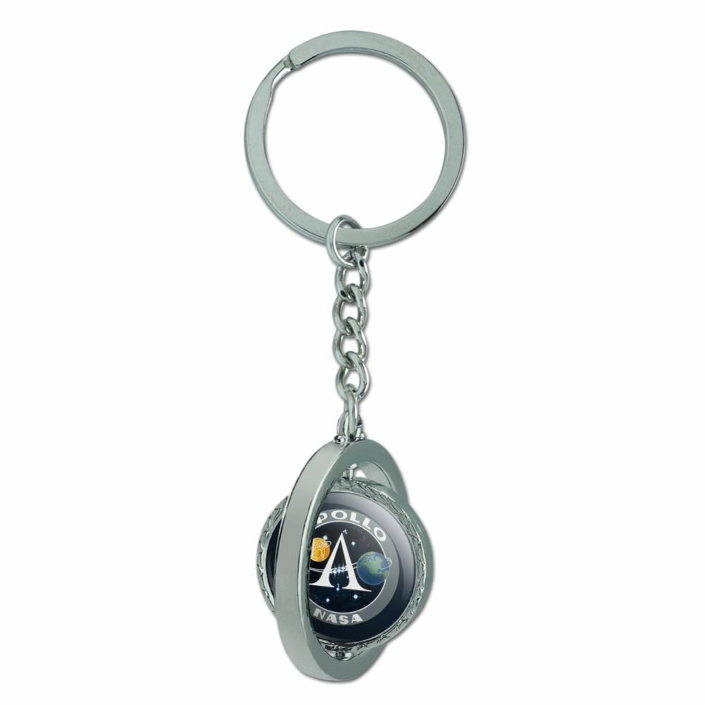 NASA Apollo Space Program Patch Spinning Round Chrome Plated Metal Keychain