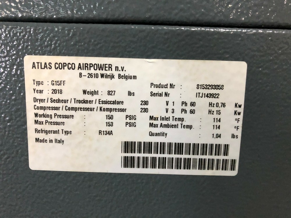 20 hp Atlas Copco G15FF rotary air compressor