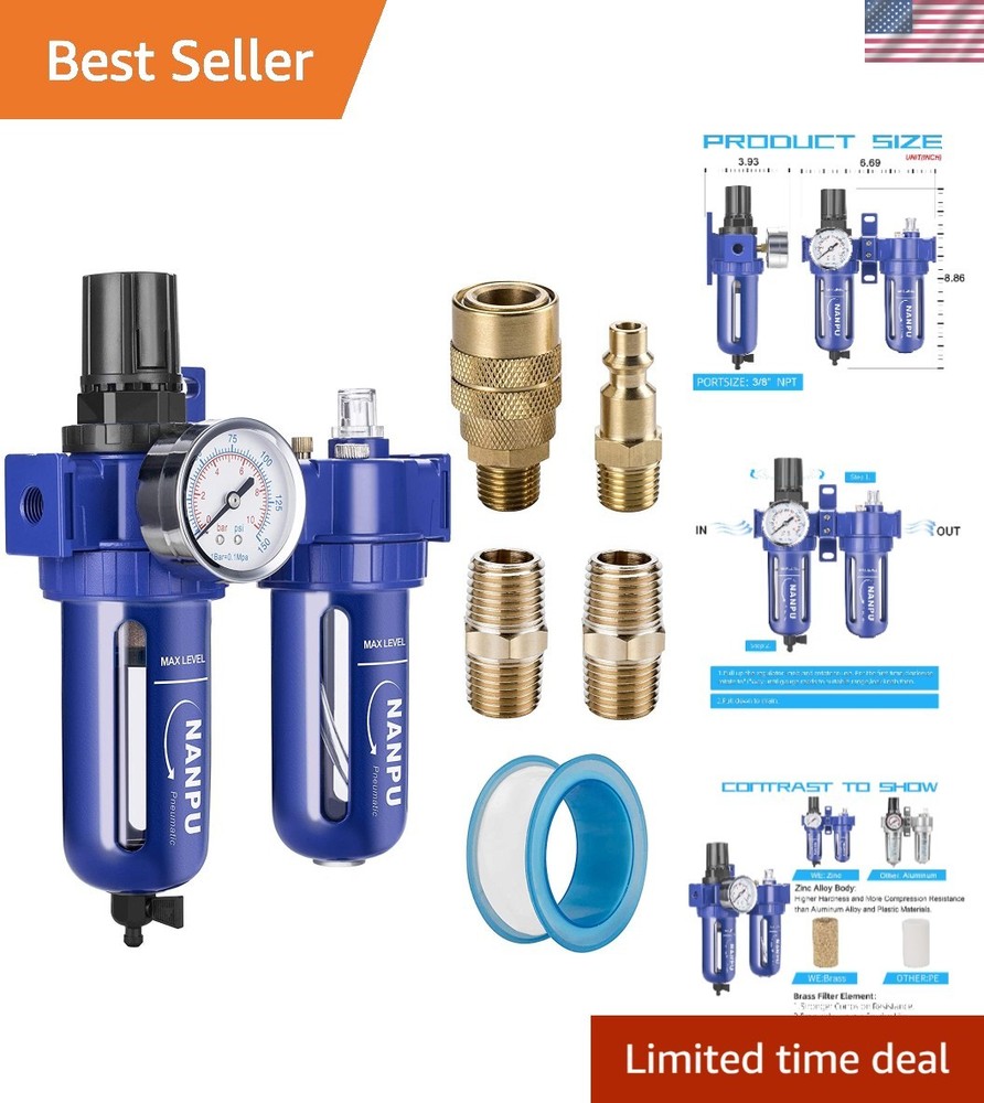 Durable 3/8" NPT Air Filter Regulator Lubricator with 5 Micron Brass Element