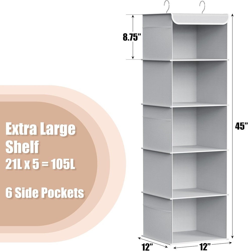 5 Shelf Hanging Closet Organizer, Gray