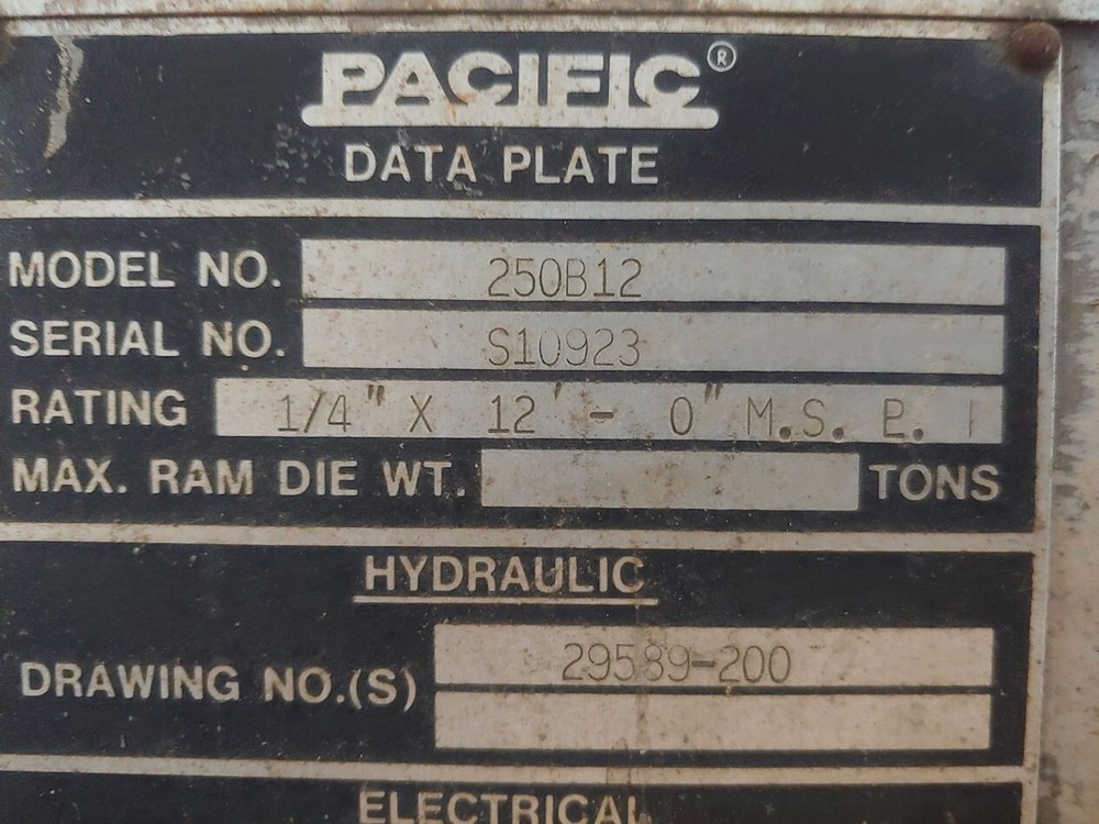 1/4" X 12' Pacific 250B Hydraulic Shear 3 Phase