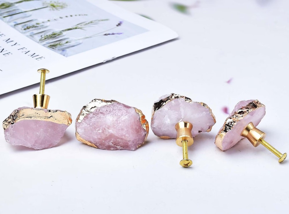 Rose Quartz Drawer Cabinet Knobs Pink Crystal Stone Knobs Handles Gold Plated...